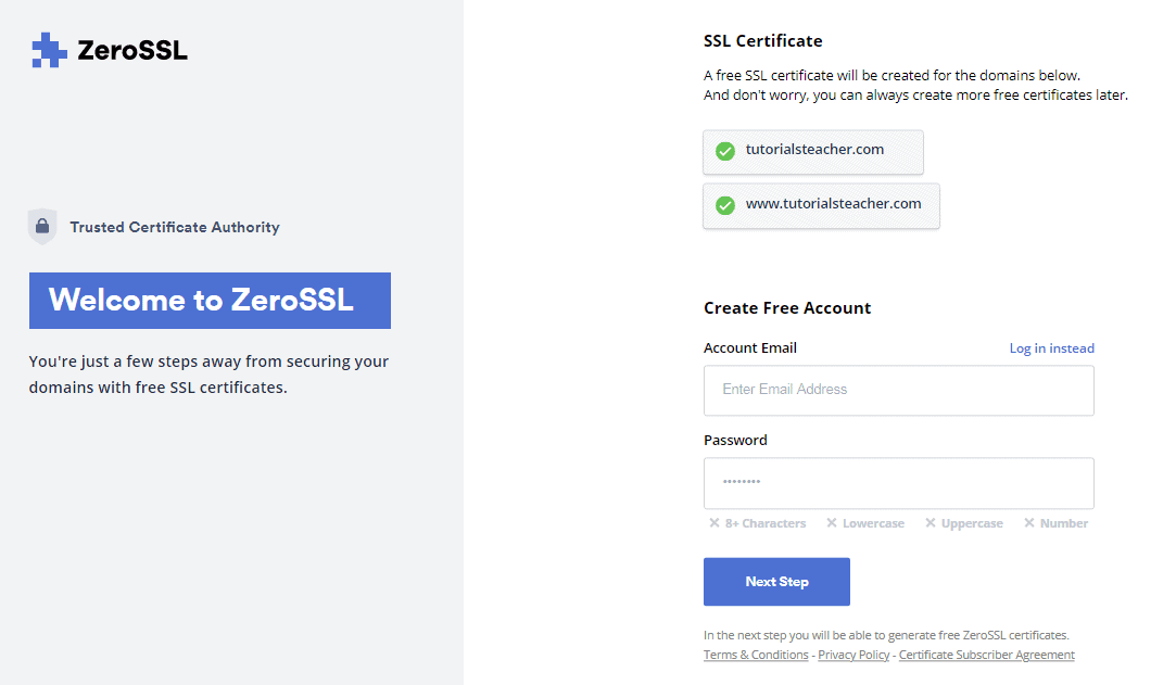 Create ZeroSSL Certificate